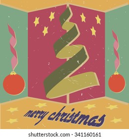 Retro ribbon Christmas tree and Christmas balls. Merry Christmas Card.