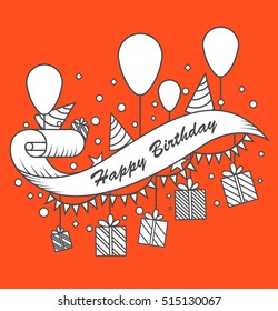 Retro ribbon with congratulations Happy Birthday in linear style with air balloons, confetti, gift boxes and birthday caps on the orange background. Greeting card, banner or icon.  Vector illustration