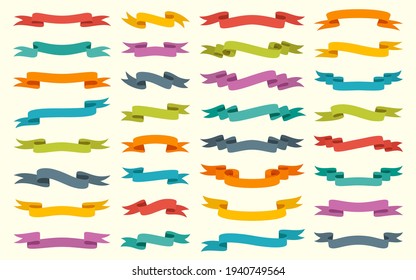 Retro ribbon flat set. Blank tape banner for advertising promotion, sale text, heading, title decoration, badge, emblem, frame. Curled, scroll ribbons. Elegant vintage flag, background stripe