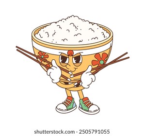 Retro rice bowl cartoon groovy character with chopsticks, vector funny comic. Asian cuisine groovy bowl with serious face and chopsticks, Japanese or Chinese cartoon emoji and food character