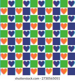 Padrão sem emenda de corações geométricos estilo Risograph retro. Blocos coloridos anos 70 e 80