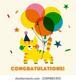 Retro risograph vintage postcard poster childish cute tiger with balloons and confetti.
