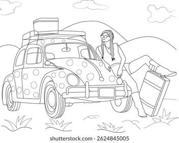 Retro Road Trip Coloring Page Illustration, Black and white line art illustration for coloring, featuring a young woman with braids and sunglasses leaning on a vintage polka-dot car loaded with