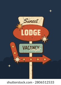 Retro roadside motel sign with Sunset Lodge text and vacancy arrow. Vintage American highway travel concept. Vector illustration in mid century 1950s style