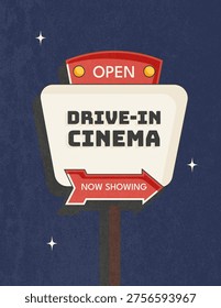 Retro roadside vertical poster classic drivein cinema sign with bold vintage typography and arrow. Vector illustration in mid century 50s style for print, wall decor, covers and nostalgic design projects