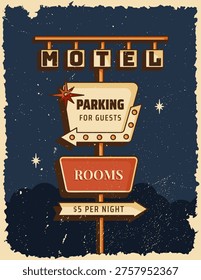 Retro roadside vertical poster classic American motel parking and rooms signboard with bold vintage typography and arrow. Vector illustration in midcentury 1950s style for print, wall art