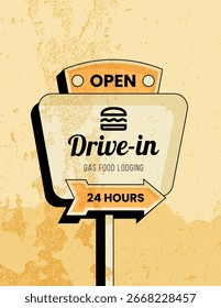 Retro roadside vertical poster with diner sign with bold vintage typography, burger icon and arrow. Vector illustration in vintage colors textured 70s style for restaurant, print or wall decor