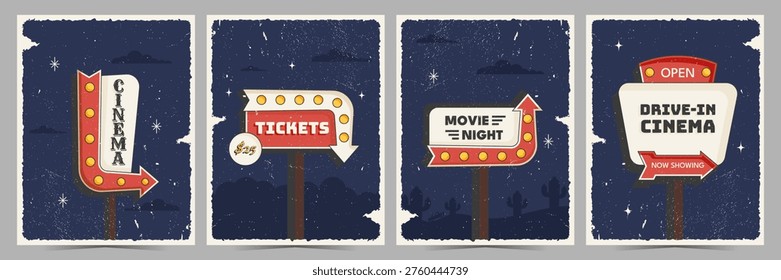 Retro roadside vertical posters set cinema sign with bold vintage typography and arrow. Vector illustration in mid century 50s style for print, wall decor, covers, design projects