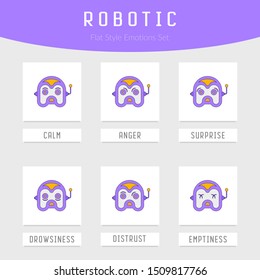 Retro robot bot face emotion character set. Vector modern flat style cartoon character illustration. Calm, anger, surprise, drowsiness, distrust, emptiness Smiley Emoticons.
