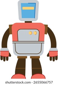 Un robot retro con un cuerpo cuadrado y Formas geométricas simples en un estilo plano. El robot cuenta con una cabeza rectangular y extremidades mecánicas. Ilustración vectorial de dibujos animados.