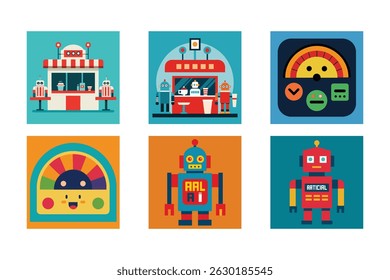 Retro Robot Cafe e Quiosque Ilustrações