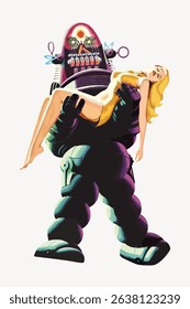Retro robot carrying a woman. Futuristic robot with a metallic design. Woman in a yellow dress. Robot and woman in a classic sci-fi scene. Vintage art illustration vector.