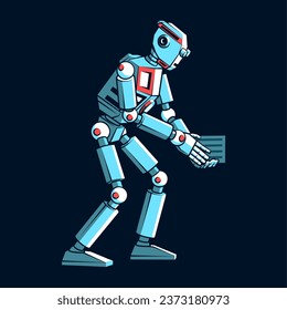 Retro robot is doing something with a certain device in its hands. Humanoid robot in vintage style - isolated vector illustration.