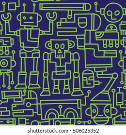 Retro Robot Doodles seamless pattern,cartoon vector illustration
