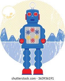 Retro Robot Flat Vector Illustration on Space Background 5 - Blue, Yellow, Red