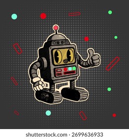 Robô retrô dando um polegar para cima no estilo de desenho animado de meio-tom