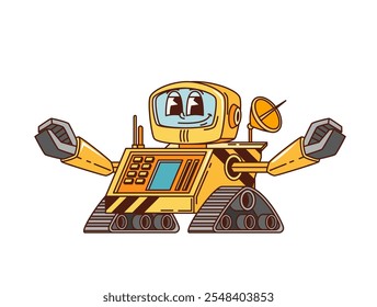 Robot retro o groovy personaje de dibujos animados bot sobre ruedas, Vector cómic android. Robot retro groovy funky o rover espacial de dibujos animados droid en ruedas con pantalla de cara feliz, manos de agarre y antena de galaxia