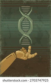 Mão robô retrô alcançando a cadeia de DNA na ilustração de tecnologia científica vintage