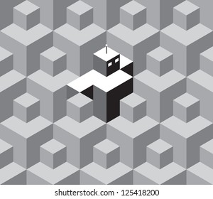 Retro robot is hiding between the isometric cubes - seamless pattern illustration