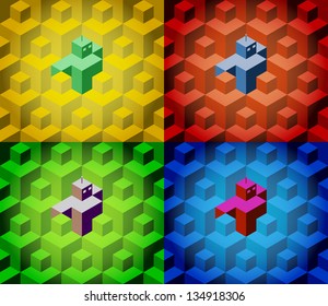 Retro robot is hiding between the isometric cubes - seamless pattern illustration