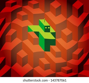 retro robot hiding between the isometric cubes