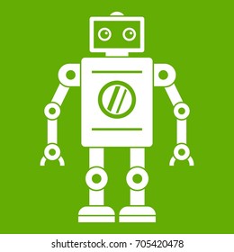 Retro robot icon white isolated on green background. Vector illustration