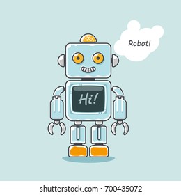 Retro robot isolated on light blue background with word "Hi!" on the screen.  Vector illustration.