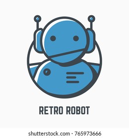 Retro Robot Line Illustration. Blue Android With Headphones And Antennas. Mono Color Vector. Logo, Mascot Or Icon Of Old-fashioned Bot. Lights And Shadow Style. Linear Modern, Trendy Vector Banner.