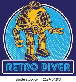 Retro Robot Mascot In Vintage Diver Helmet Character Design 