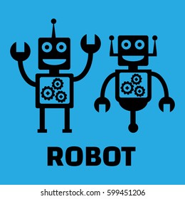 Retro robot set black and white illustration