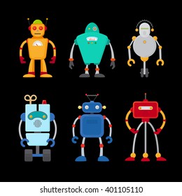 Retro robot set in flat style, vintage cute robots. Toy robots vector