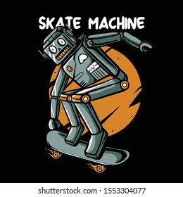 Retro robot skateboarding illustration. Robot rides on skateboard and jumping vector design. Skate machine poster design