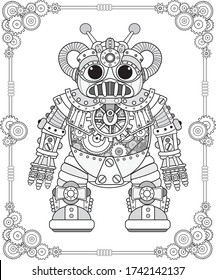 Retro robot in the style of steampunk coloring book.