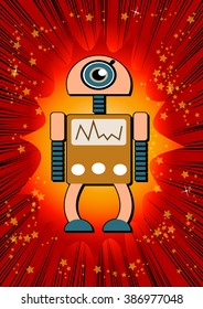 Retro robot toy on comic book abstract background.