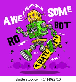 retro robot toy skateboarding vector drawing icon poster wallpaper card tee shirt print home textile pajama graphic design