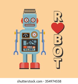 Retro robot. Vintage robot. Robot With Heart. Hipster vintage robot.
