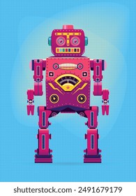 Retro robot vintage toy. Robot vector illustration in flat style design. Vintage tin robot toy on a blue background.