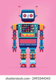 Retro robot vintage toy. Robot vector illustration in flat style design. Vintage tin robot toy on a pink background.