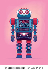 Retro robot vintage toy. Robot vector illustration in flat style design. Vintage tin robot toy on a pink background.