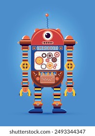 Retro robot vintage toy. Robot vector illustration in flat style design. Vintage tin robot toy on a blue background.