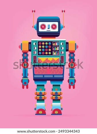 Retro robot vintage toy. Robot vector illustration in flat style design. Vintage tin robot toy on a pink background.