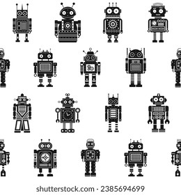 Retro robots and classic vintage mechanical toys seamless pattern. Black and white ornament with tin toys. Monochrome space cyborgs and old wind up models on repeating background.