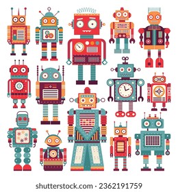 Retro robots colorful set. Classic vintage mechanical toys in flat design.Tin toy robot team collection. Space cyborgs and old wind up models geometric icons.