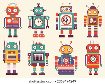 Retro robots colorful set. Classic vintage mechanical toys in flat design.Tin toy robot team collection. Space cyborgs and old wind up models geometric icons.