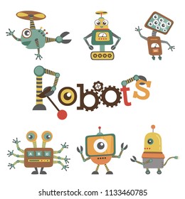 Retro Robots Design Set Flat Vector Illustration Isolated on White