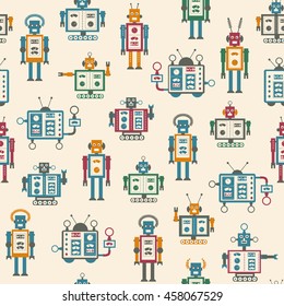Retro Robots. Industrial seamless pattern. Vector Illustration.