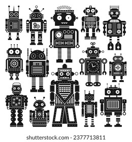 Retro robots monochrome set. Classic vintage mechanical toys in outline design.Tin toy robot team collection. Space cyborgs and old wind up models vector icons.