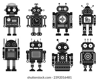 Retro robots monochrome set. Classic vintage mechanical toys in outline design.Tin toy robot team collection. Space cyborgs and old wind up models vector icons.