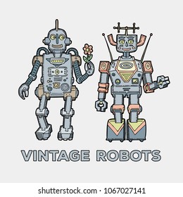 Retro robots set. Happy vintage robotics collection. Cute sketch classic mechanical toys.