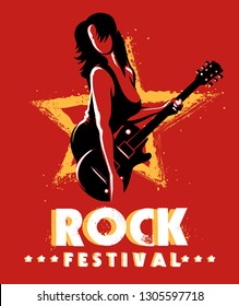 Retro Rock Festival Or Rock Music Show Poster With Woman Who Plays A Guitar. Vector Illustration.